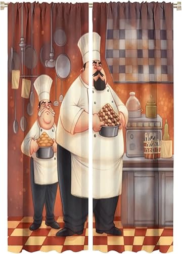 Miniatura 32 de Cortina de decoración de cocina de chef, retro gourmet de dibujos animados, chef gordo de cocina, patrón de comida gourmet, decoración del hogar,