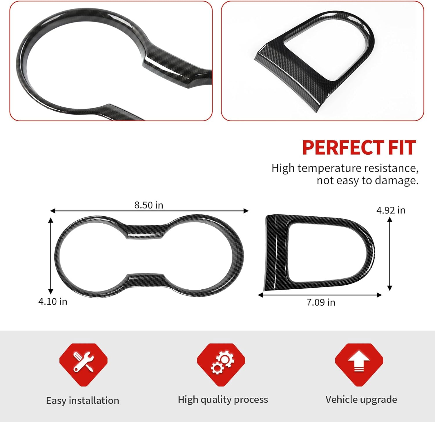 Jimen Fit for Ford Mustang 2015-2023, 2PCS Front Cup Holder Trim & Gear Shift Cover (Carbon Fiber)