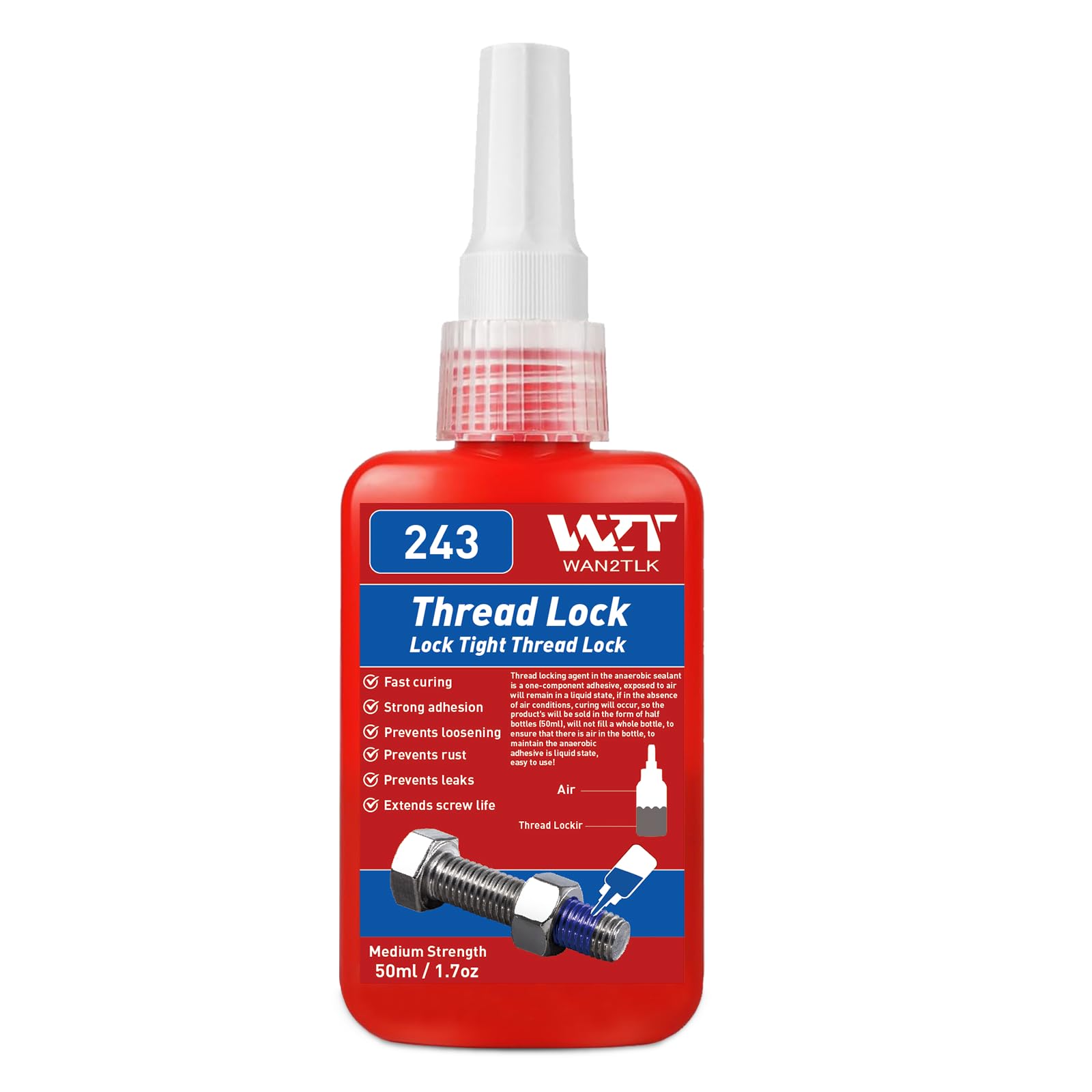 Thread Lock Blue, Medium Strength Locktight Threadlock for Gap Filling and Tighten Bolts Nuts, Anti-Rust&Loosening, Lock Tight Thread Lock Sealant 50ml