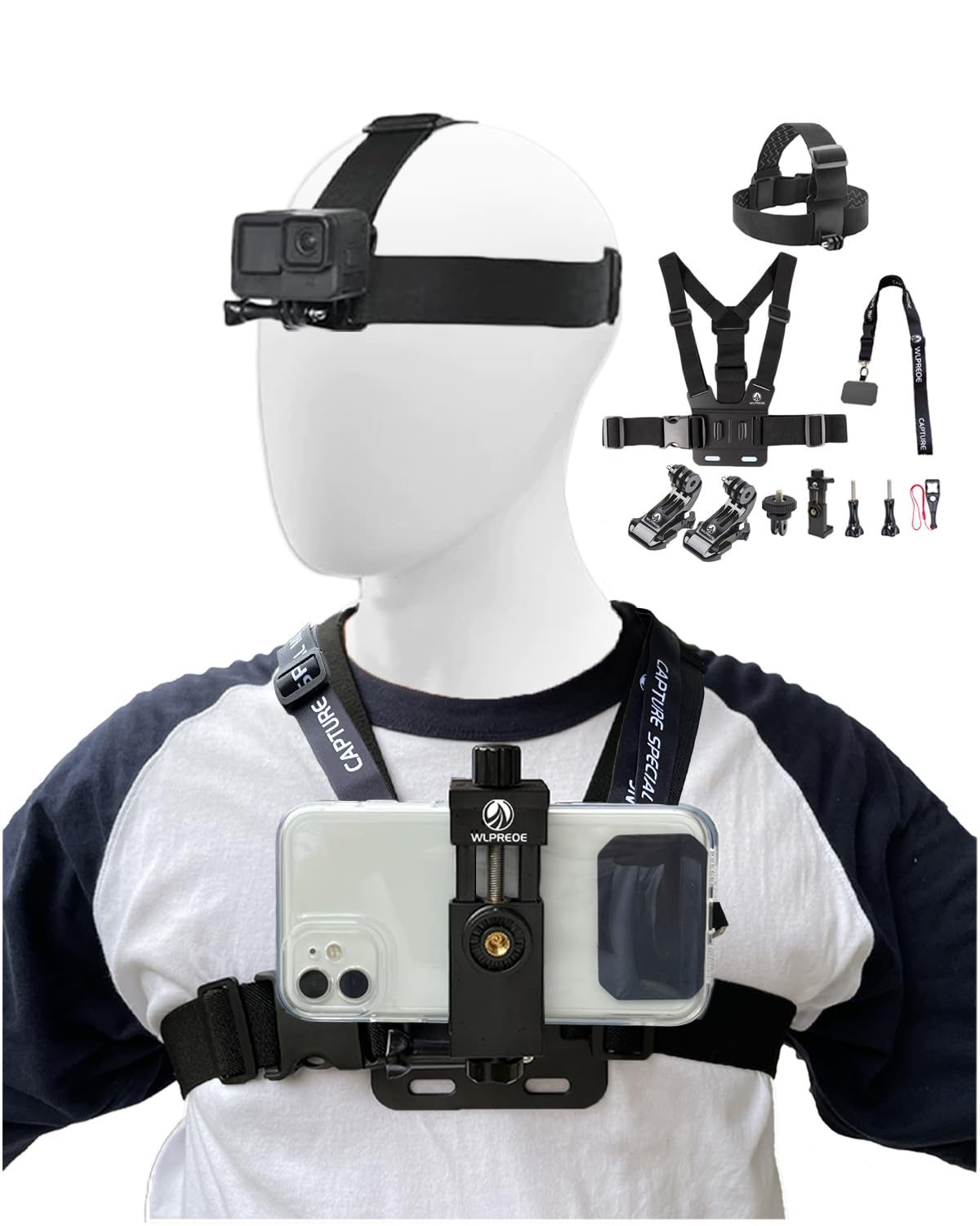 WLPREOEPhone Chest Mount Head Strap Accessories Kit - POV Phone Holder for Vlogging Video Compatible With iPhone 17 16 Pro Max Plus 15 14 13 - Hands Free Body Camera Mount for Immersive Fishing Recording