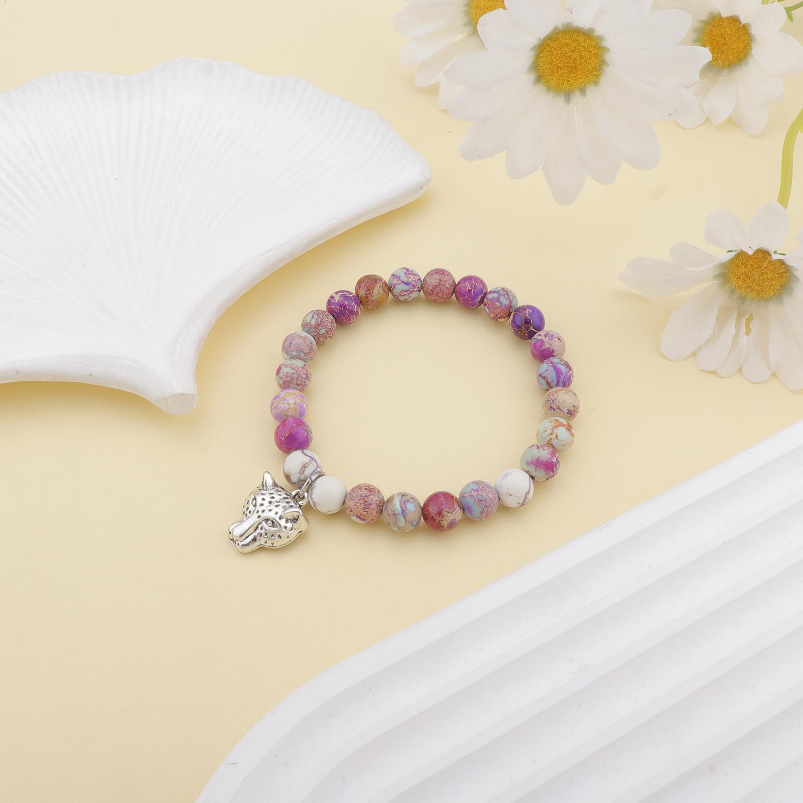 PARTNER Snow Leopard Inspirational Christmas Birthday Gifts for Women Unique Natural Stone Beaded Bracelets for Women Meaningful Animal Jewelry for Snow Leopard Lovers: Emperor Stone