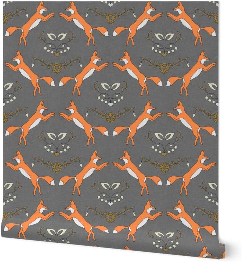 Peel & Stick Wallpaper 3ft x 2ft - Small Fox Orange Gray Floral Spring Custom Removable Wallpaper by Spoonflower