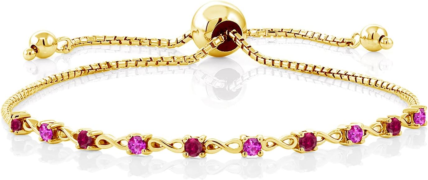 Gem Stone King 18K Yellow Gold Plated Silver Gemstone Birthstone and Red Created ruby Infinity Tennis Bracelet For Women | Round 2.5MM | Adjustable Bolo Bracelet Up to 9 Inch | Easy-On Easy-Off