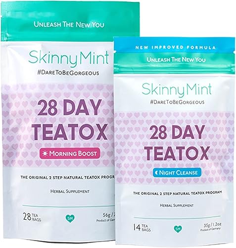 Té natural SkinnyMint Teatox de 2 pasos, té para programa de desintoxicación de 28 días, fácil de seguir, formulación eficaz, sabor delicioso