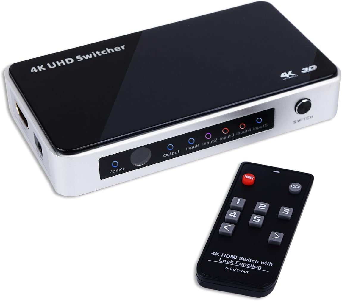 HDMI Switch 4K, HDMI Switcher Hub Port 5 IN 1 OUT with Source LOCK Function (Auto-switch OFF/ON),High Speed HDMI Selector with IR Wireless Remote and Audio Return Channel - LANKSTONE