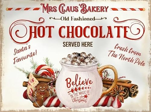 Mrs Claus' Bakery Hot Chocolate Sign Christmas Cocoa Metal Tin Sign Wall Decor Christmas Party Sign Hot Cocoa Stand Chocolate Bar Decor for Home Cafe Bar Coffee 8x12 inches
