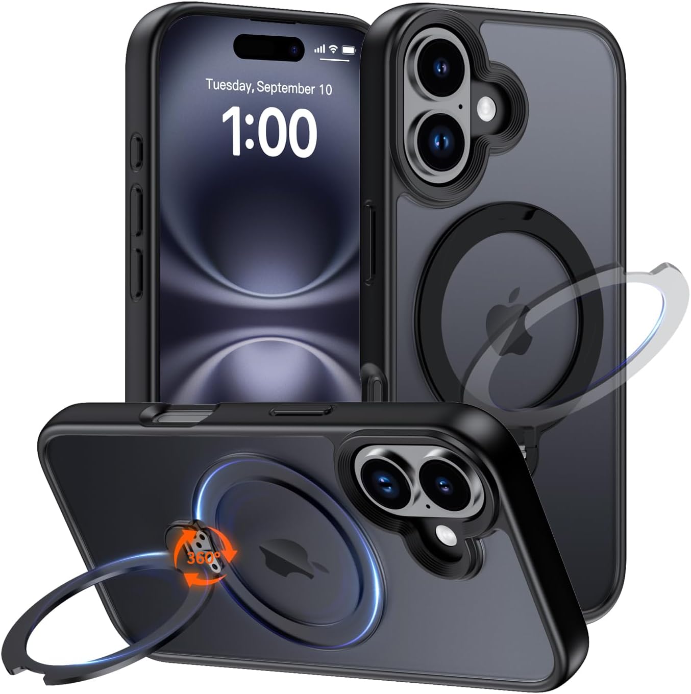 for iPhone 16 Case, Magnetic Rugged Slim Cover with Kickstand, Shockproof Military Grade Protection, Compatible with MagSafe, for Work & Viewing, Black, 6.1"