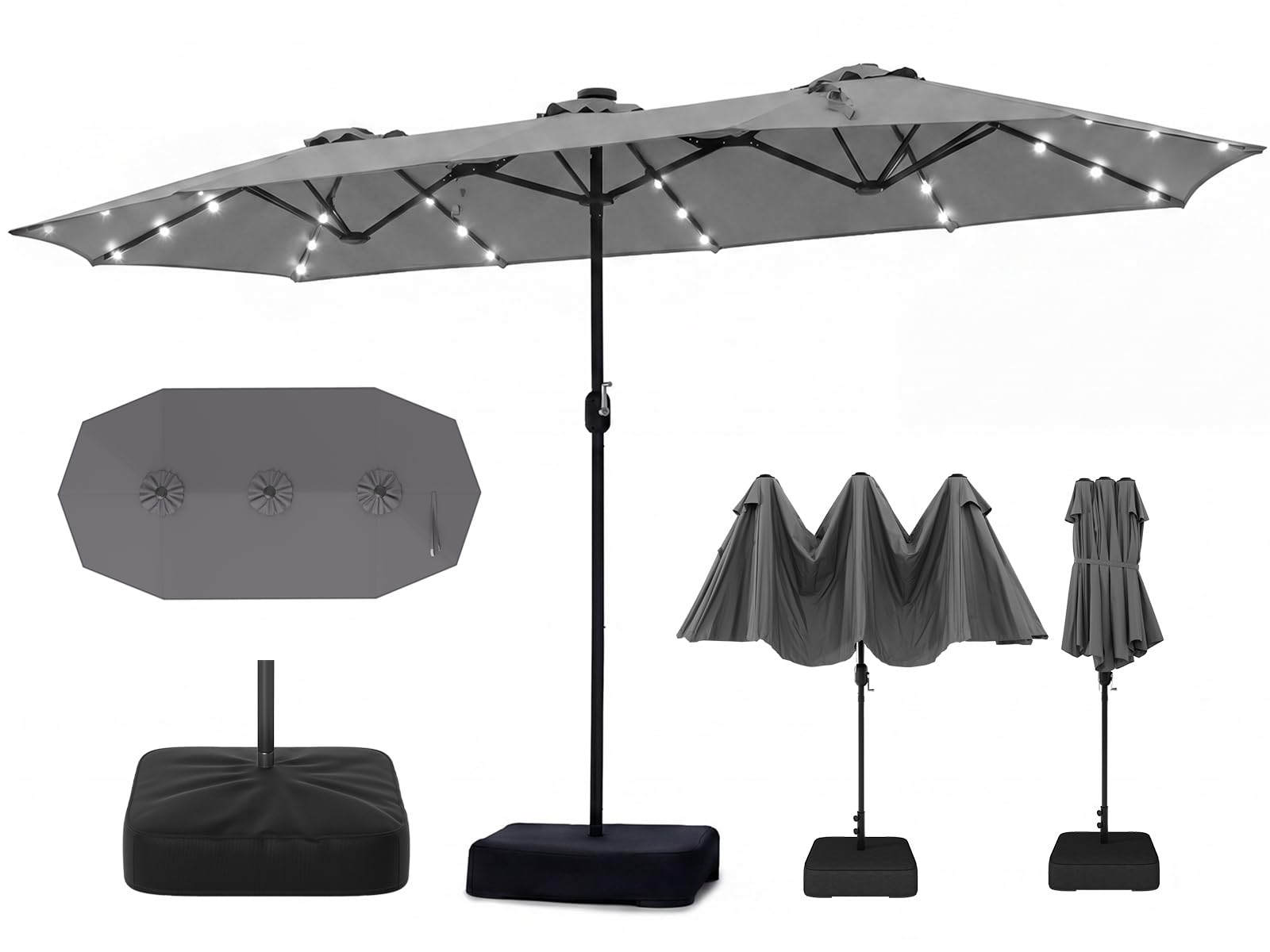 RELAX4LIFE Grand Parasol de Jardin Exterieur LED avec Pied, 4x2M Parasol Double Éclairé pour Terrasse/Piscine/Marché, 12 Baleines Renforcées, Manivelle, Protection Solaire pour 6-8 Personnes (Gris)