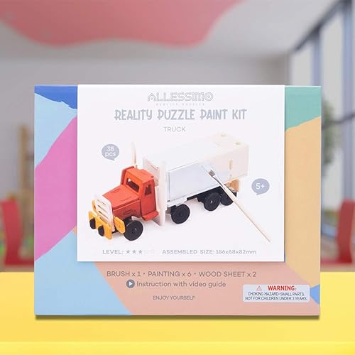 Miniatura 3 de Allessimo - Create + Paint - Rompecabezas de pintura 3D de madera (camión - 38 piezas) Kit de modelo con juguetes de pincel - Construcción divertida