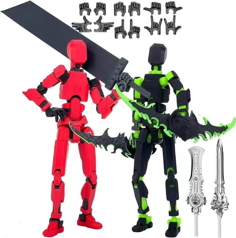 T13 Stick Titan13 Set Action Figure(Assembly Completed), 3D Printed Multi-Jointed, Multi-Articular Mobile Robot Nova T-13 Robot 13 Stop Motion Figures Desktop Decoration (Red Black+Black Green)