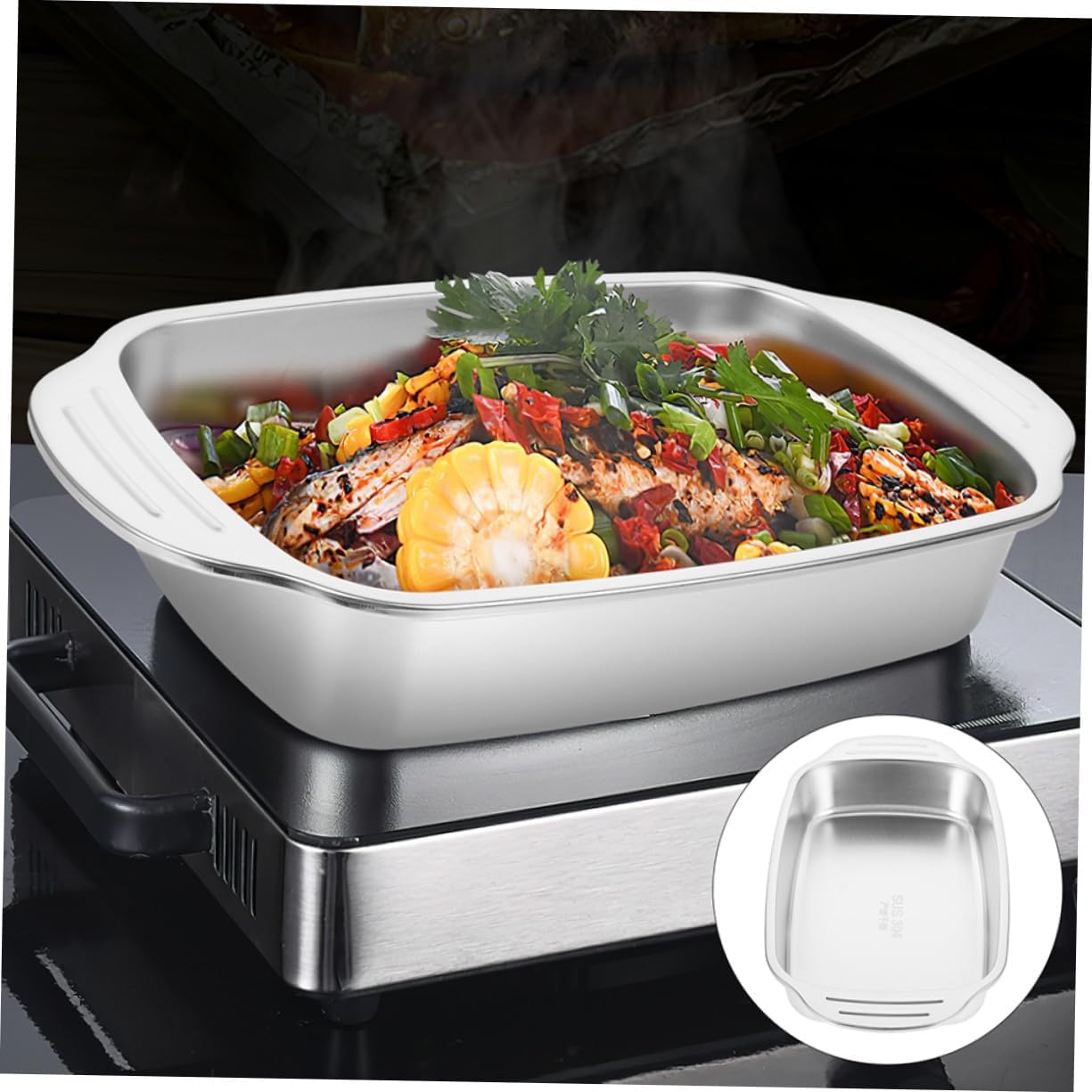 Stainless Steel Roasting Pan for Induction Cooker and Gas Stove Rectangular Seafood Serving Tray with Overflow-resistant Edges Roasting Tray for Home and Commercial Kitchens