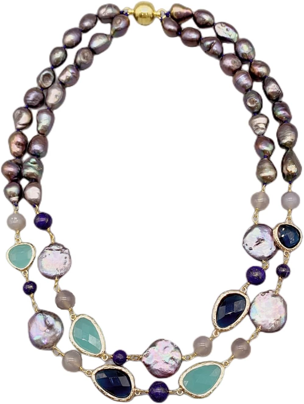 2 Strands Aqua Color Quartz Blue Lapis Created With Gray Agate Black Pearl Necklace For Women Stone Trendy 18"