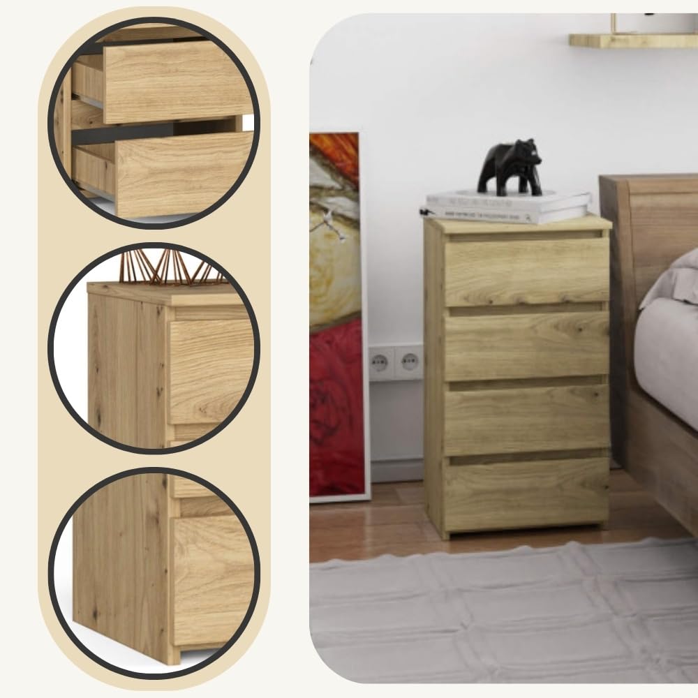 AKORD | Cajonero con 4 cajones | Cómoda Alta | Mueble Moderno para Sala de Estar, Comedor, Dormitorio, Entrada, baño | Armario Infantil | 35x40x74 cm | Roble Artisan