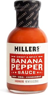 Miller's Banana Pepper Habanero Hot Sauce, Sweet Spicy Banana Pepper Sauce - Best Use for Grilled Meats, BBQ Rub, Chicken Wing, Sandwich 9.5 OZ