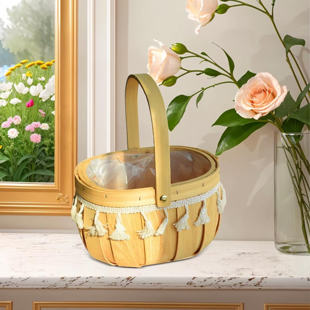 YZZY 1 Pcs Basket with Handle, Flower Girl Basket Empty Gift Basket, Decorative Basket for Wedding, Woven Storage Basket for Home Decor (Tassel Melon Ellipse Basket Small)