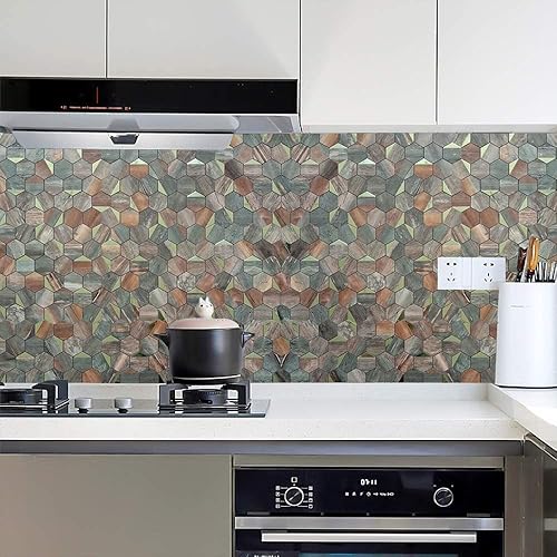 Miniatura 4 de YMMXGE - Azulejo de pared de PVC autoadhesivo para cocina, baño, 10 hojas de despegar y pegar, calcomanía de aluminio hexagonal autoadhesiva de 12 x