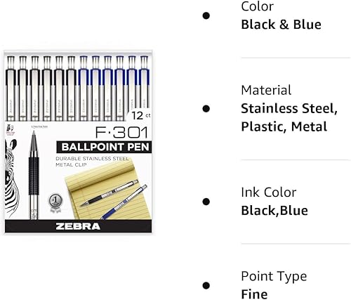 Miniatura 2 de Zebra F-301 - Bolígrafo de punta fina de 0.028 in, paquete de 12, 6 bolígrafos retráctiles negros y 6 azules con barril de acero inoxidable