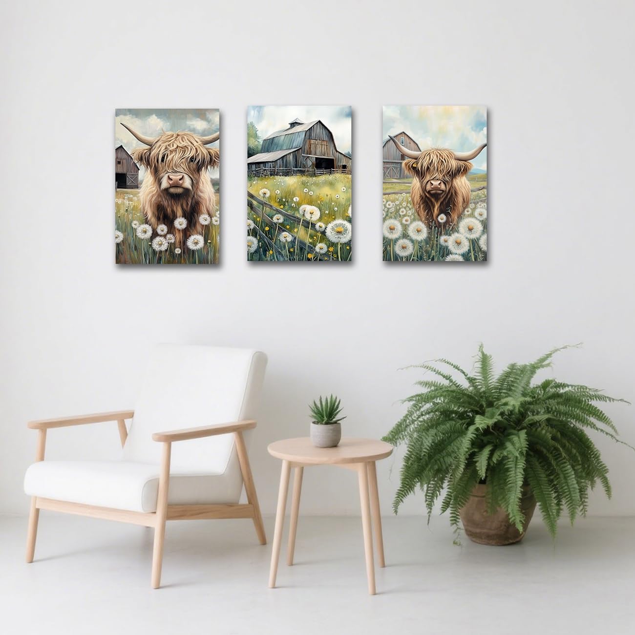 BJYCHG Highland Cow Canvas Wall Art Farmhouse Barn Wall Decor Rustic Cattle Picture Country Dandelion Floral Prints Farm Animal Landscape Painting for Kitchen (11x14inchx3 Pieces)