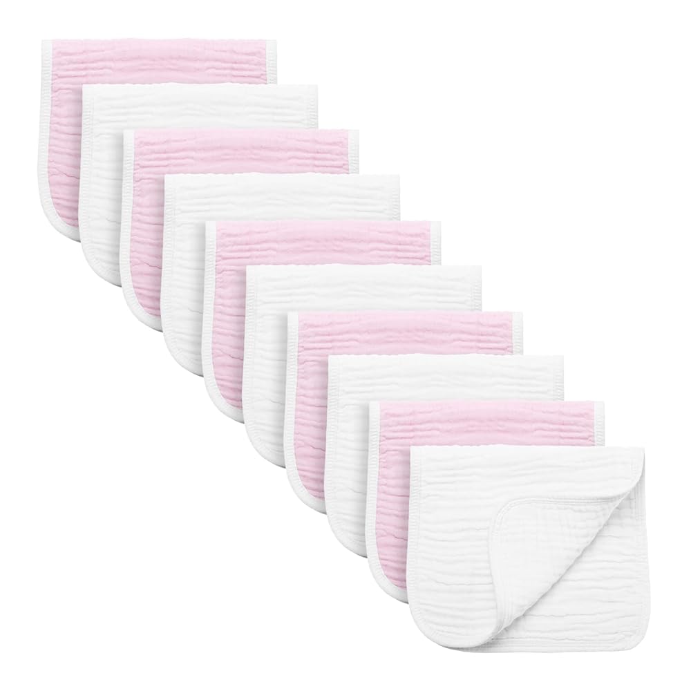 Synrroe Burp Cloths Large, Muslin Burp Cloths for Baby Girls and Boys, Pack of 10 Extra Absorbent and Soft Muslin, 6 Layers 20 by 10 Inches 100% Cotton (Pink-White 10 Pack)