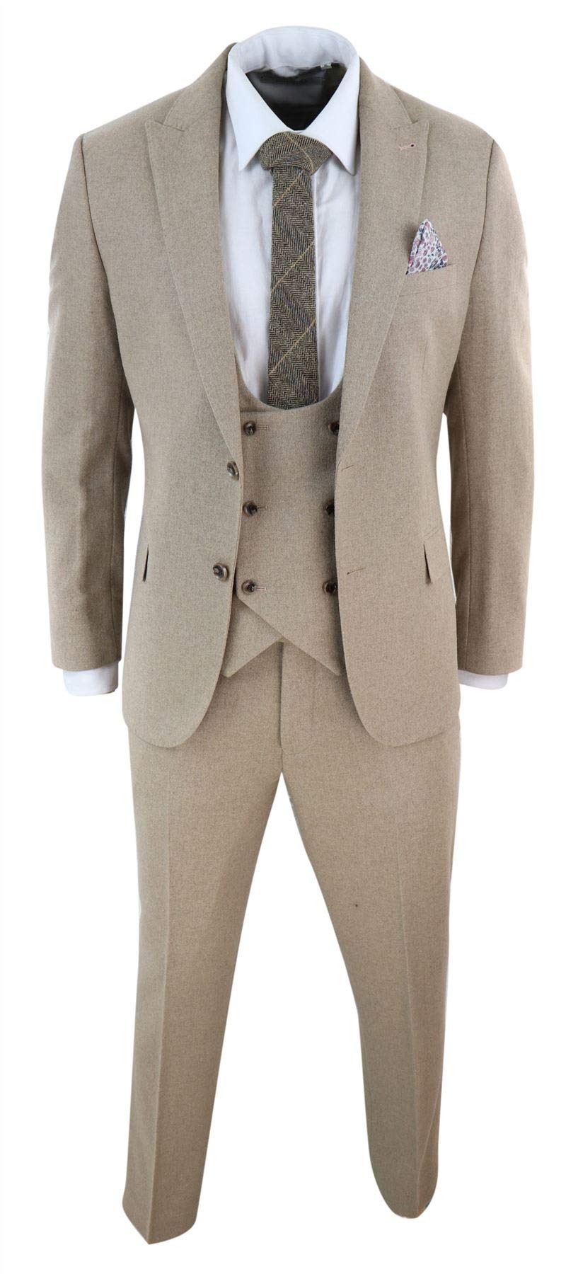 Truclothing Men's Camel Tweed 3 Piece Suit Tan Oak Double Breasted Tailored Fit Wedding - 38
