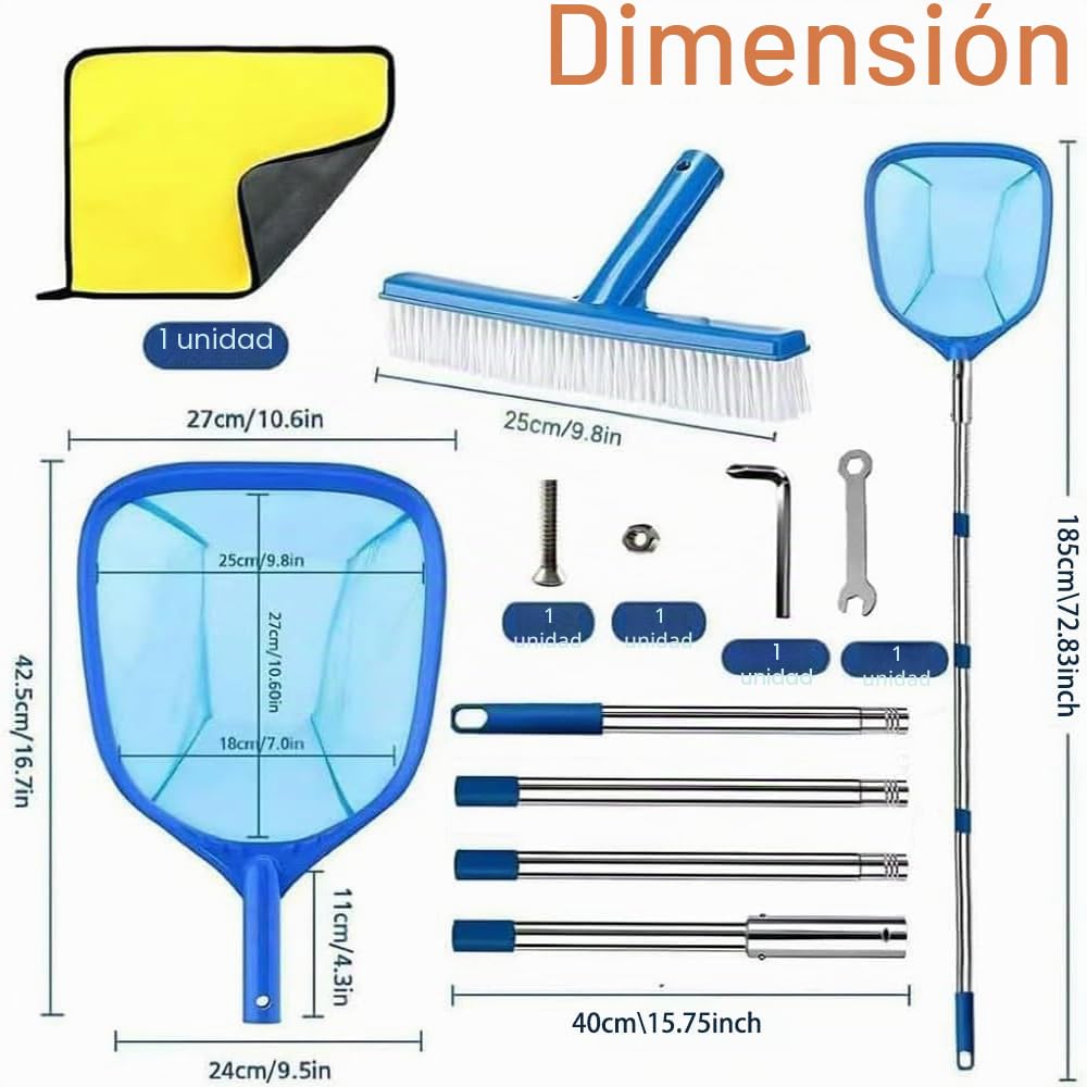 Red Piscina Limpieza con Palo, Red Piscina Malla Fina con Cepillo Piscina, Kit Limpieza Piscina, Recogedor Hojas Piscina, Limpia Piscinas Recoge Hojas, para Piscina, Estanque, Fuente, SPA (187cm)
