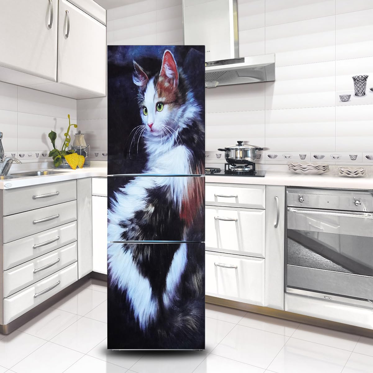 Fridge Stickers, Fridge Sticker Full Covering Door Covers Decor, Freezer Skins Wall Stickers for Kitchen Decal, Kawaii Beautiful Cute cat(S: 60x150 cm)