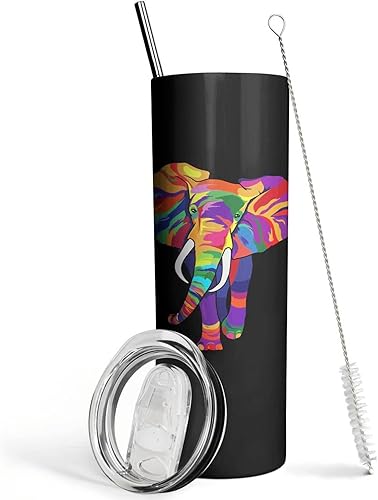 Taza colorida de elefante con tapa y pajita, botella de agua delgada de 20 onzas con aislamiento térmico y taza de café, decoración bohemia, regalos