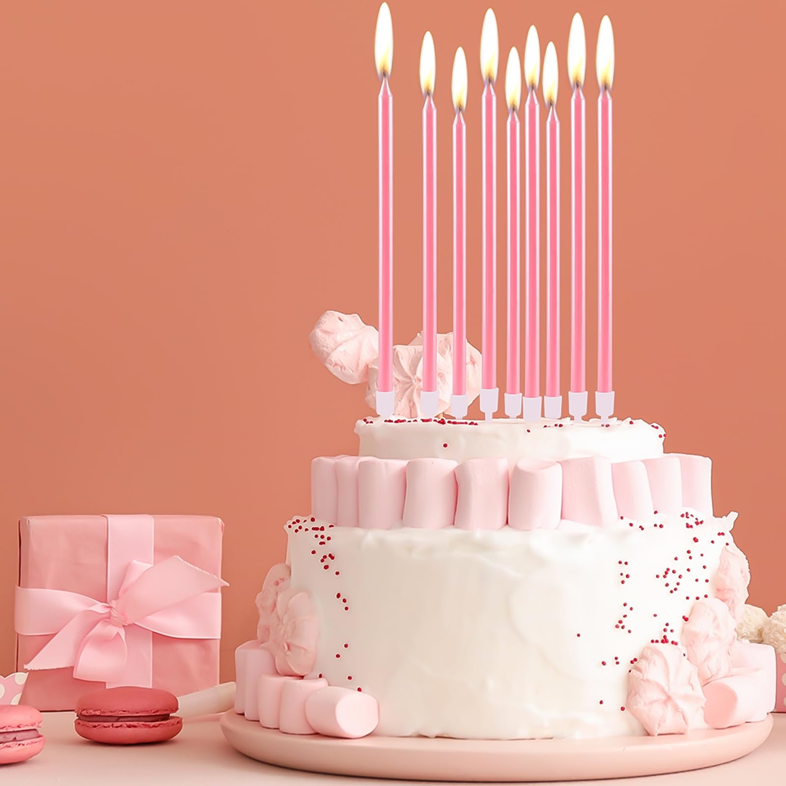 24 velas de cumpleaños rosas para pasteles, 10 cm de alto, metalizadas, delgadas, velas largas para cupcakes, velas finas con soportes para pastel de cumpleaños, baby shower, decoración de fiesta de