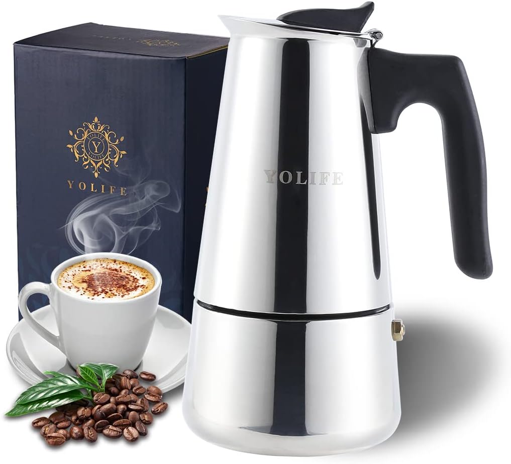 YOLIFE Stovetop Espresso Coffee Maker, Induction Stainless Steel Italian Moka Pot, Pressure Heat Cooking Coffee for Italian Espresso, Cappuccino and Latte, 300ml / 10oz / 6 Espresso Cup (1 Cup=50ml)