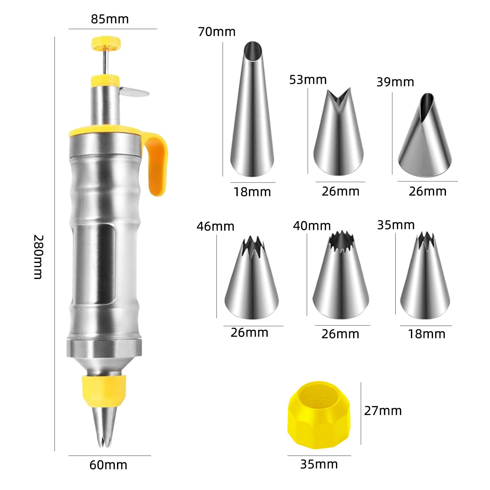 Seringue à gâteau, seringue à crème, en acier inoxydable, avec 6 douilles, poche à douille réutilisable, pour cupcakes, gâteaux, biscuits, beignets, pâtisseries (jaune)