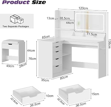 TRIUMPHKEY Dressing Table with Stool,Vanity Desk with 5 Drawers,Power Outlet,Corner Makeup Table with 3 Colors LED Mirror,Open Shelves,Bedroom Furniture for Women Girls [Energy Class E]