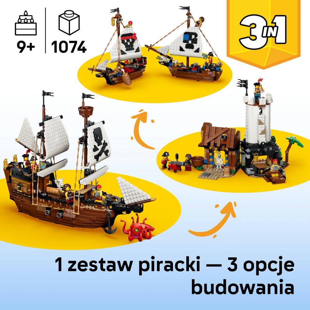 LEGO Creator 3 w 1 Legendarny statek piracki, zabawka konstrukcyjna dla chłopca lub dziewczynki, możliwość przebudowania na zamek lub bliźniacze statki, prezent dla dzieci w wieku od 9 lat 31387