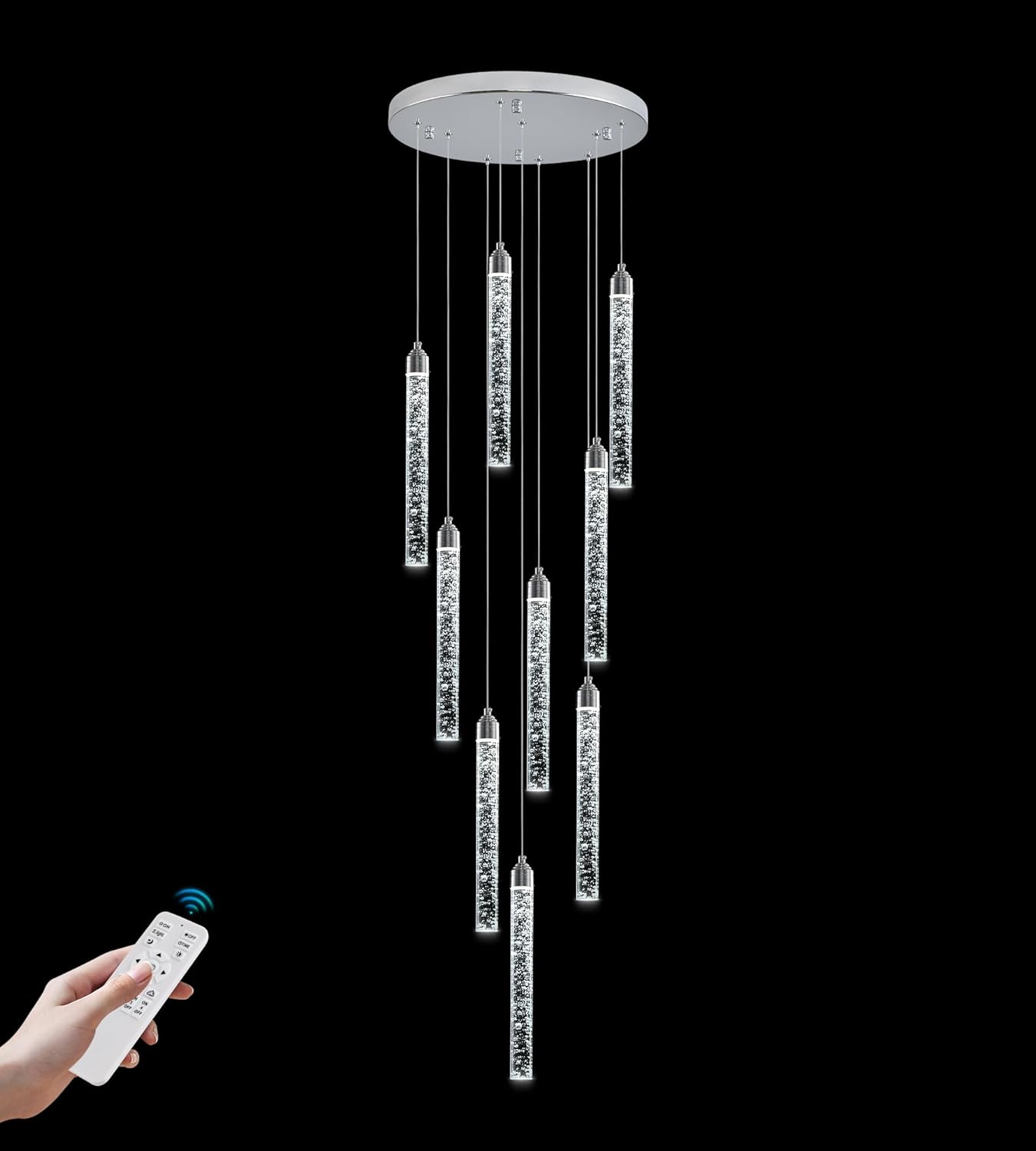 9-Lights High Ceiling Crystal Staircase Chandelier Silver, Modern Spiral Raindrop Dimmable LED Bubble Cluster Ceiling Hanging Lighting Fixture for Foyer Living Room Entrance Remote Control