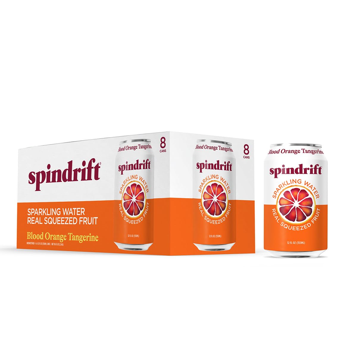 Spindrift Sparkling Seltzer Water, Blood Orange Tangerine Flavored, Made with Real Squeezed Fruit, 12 Fluid Ounce Cans, Pack of 8 Cans