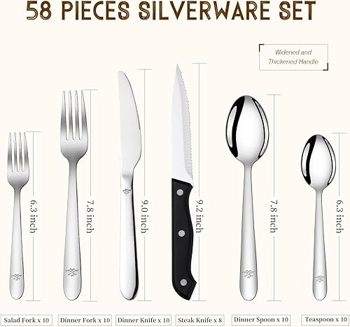 Miniatura 2 de Juego de cubiertos de 58 piezas para 10  Juego de cubiertos de acero inoxidable  cuchillos, tenedores y cucharas, juegos de utensilios para el
