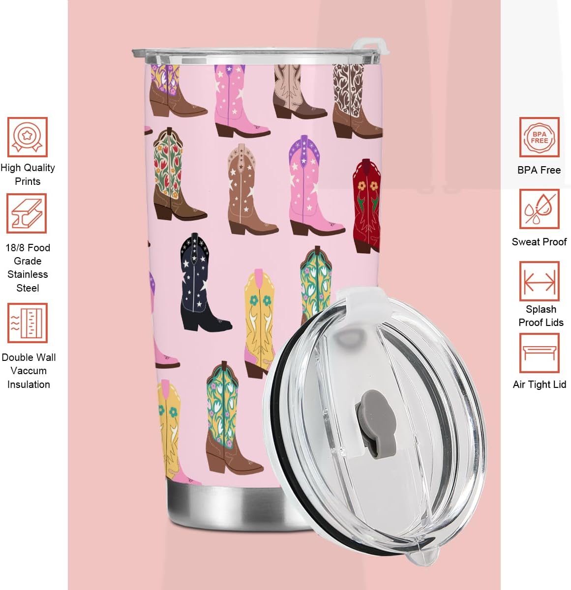 Retro Boot Pink Tumbler, Western Gifts for Women, Appreciation Christmas Birthday Gifts for Best Friend Girls Mom Sister, 20 oz Insulated Coffee Mug Stainless Steel Thermal Vacuum Travel Cup with Lid - Image 4