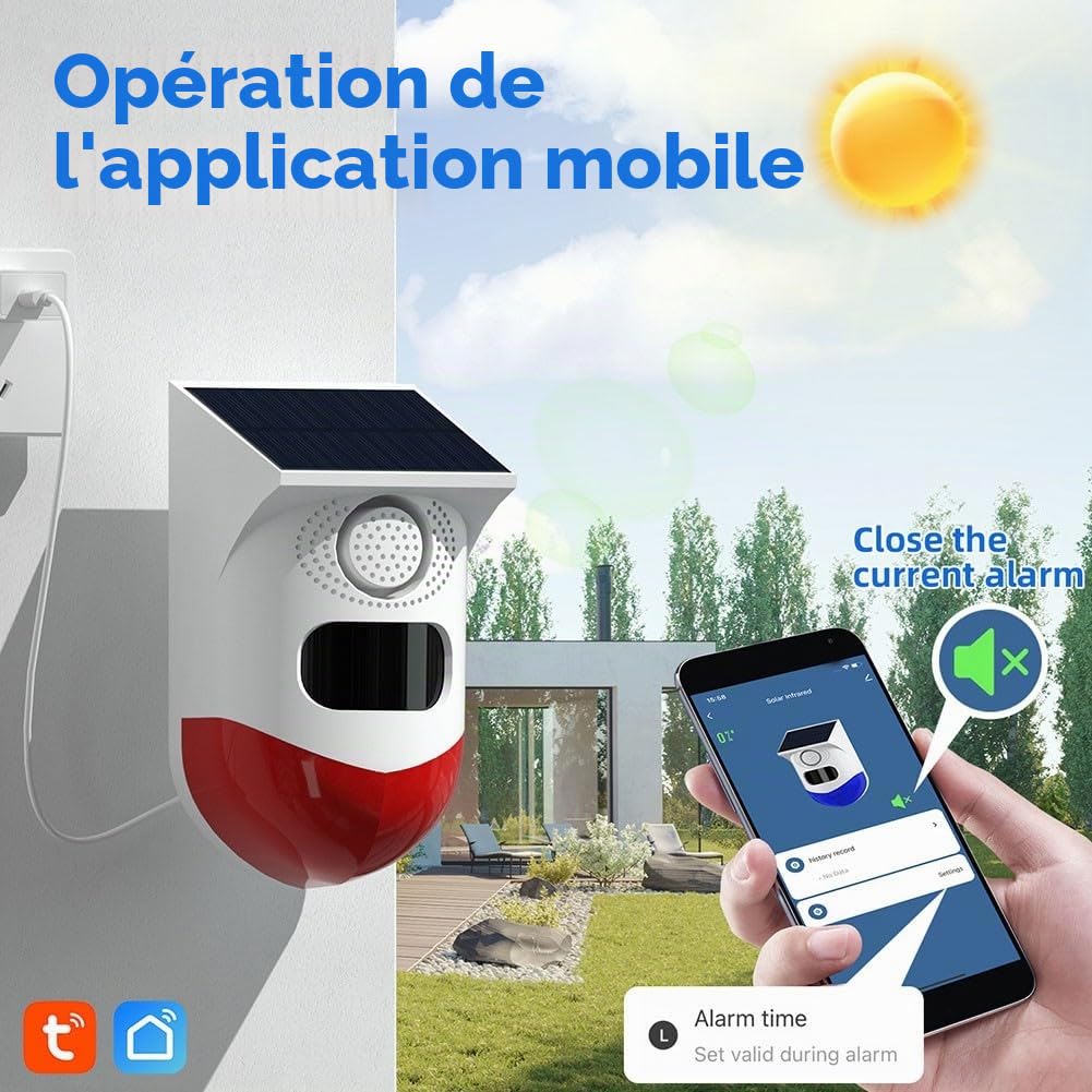 pour Tuya - Système de sécurité domestique - Détecteur de mouvement WiFi - Avec surveillance à distance - Alarme extérieure résistante aux intempéries - 120 dB - 24 heures - 4 modes