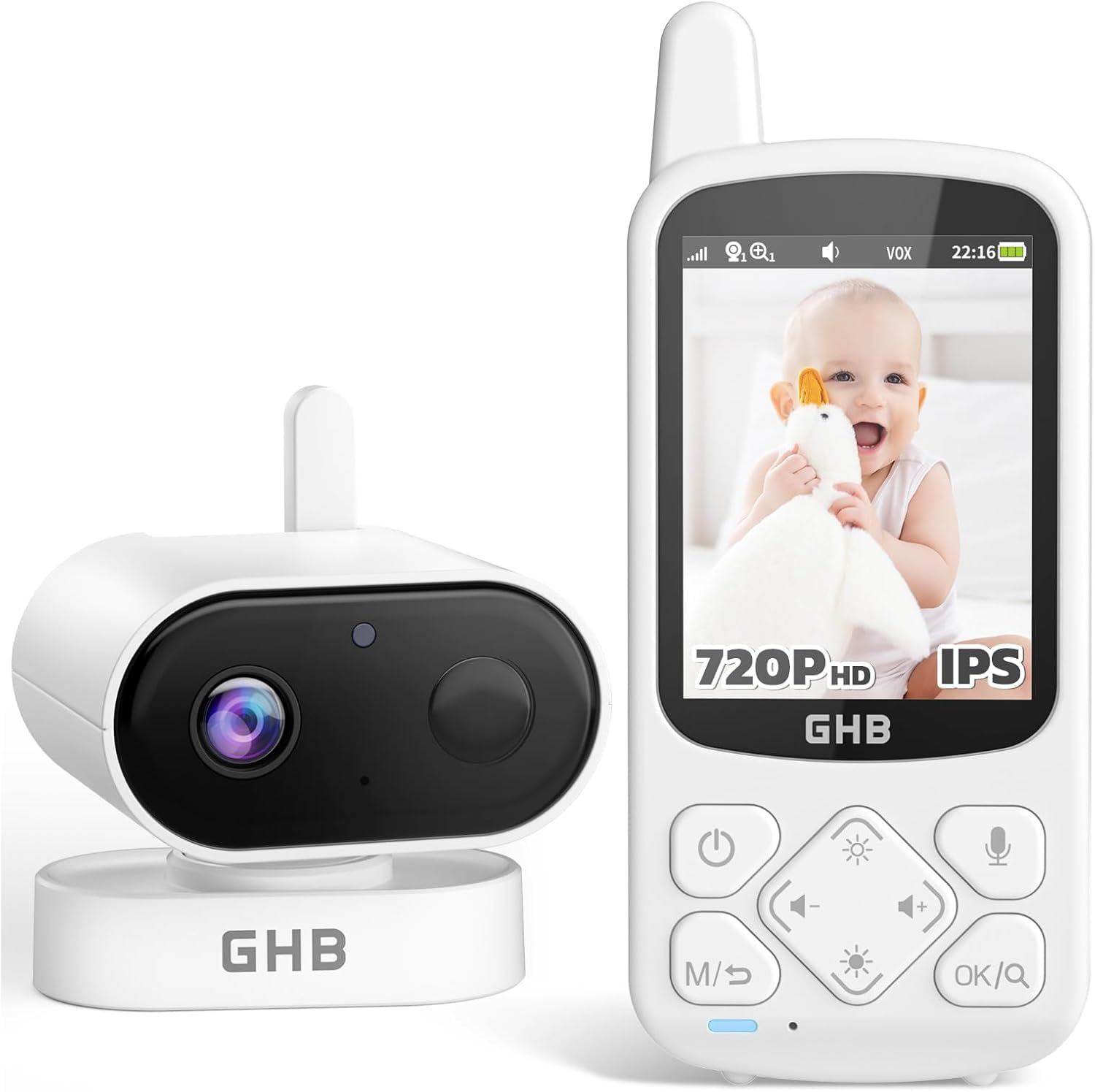GHB Elektroniczna niania z kamerą 720p HD 2000 mAh, monitor niemowlęcy 2,8 cala z 8 kołysankami VOX zoom, widoczność w nocy