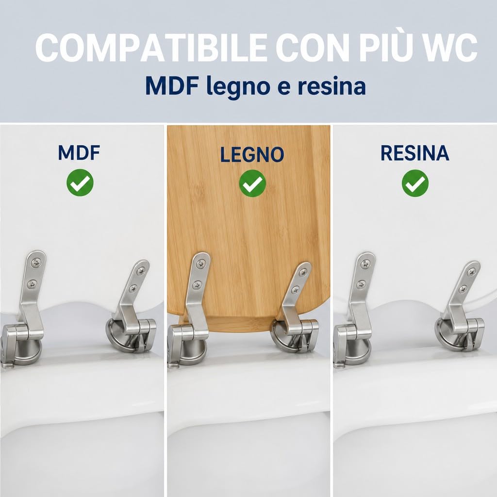 Cerniere Copriwater Universali Acciaio Inox HM con Viti e Guarnizioni, Kit Fissaggio Sedile WC Rotondo MDF Legno Resina, Ricambio Tavoletta WC