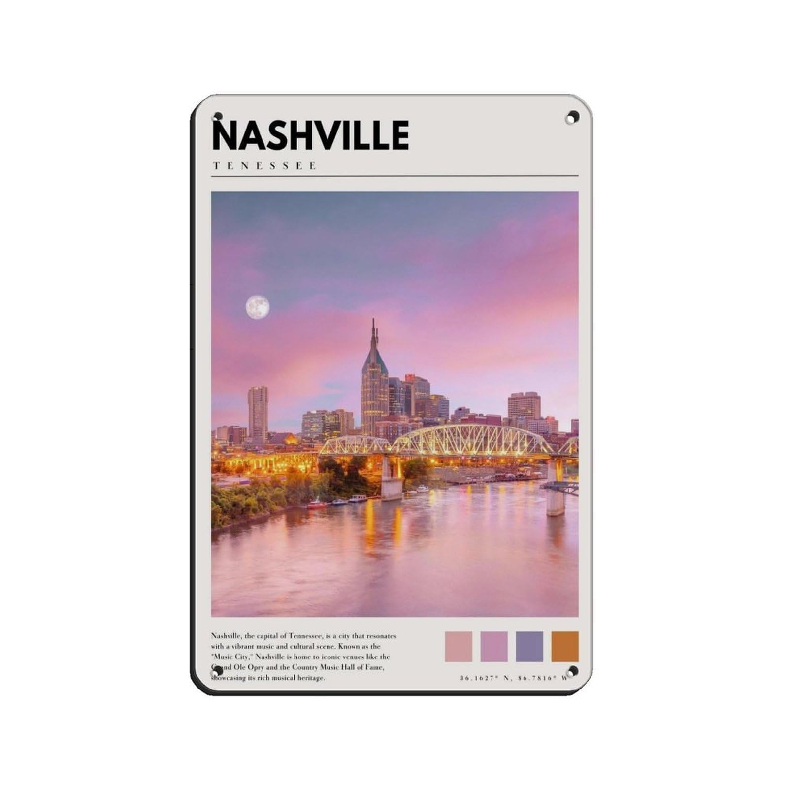 Nashville Tennessee City Poster Nashville Photo Retro Poster Metal Tin Sign Chic Art Retro Iron Painting Bar People Cave Cafe Family Garage Poster Wall Decoration 8x12inch(20x30cm)