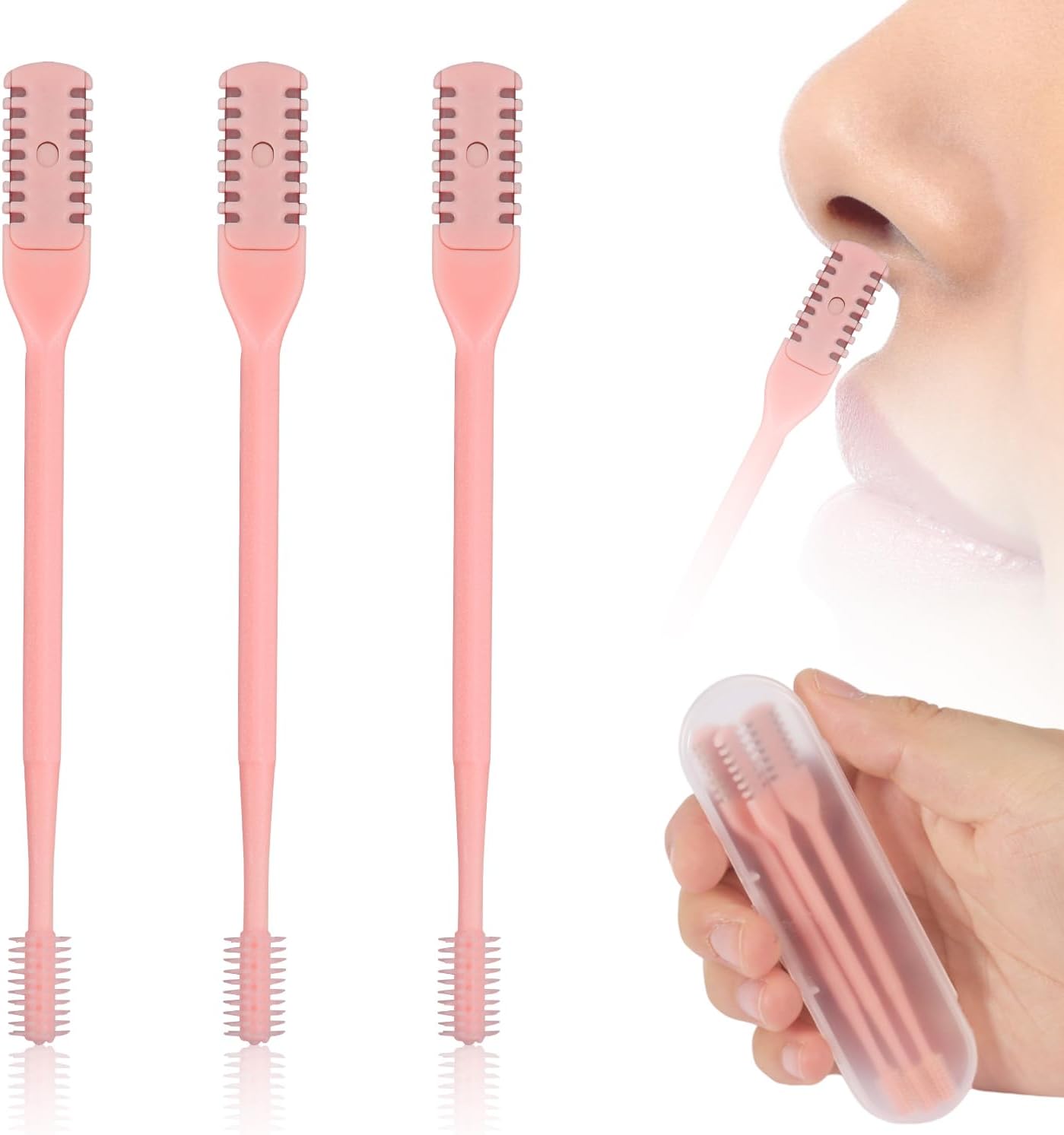 PEUTIER 3pcs 2 in 1 Nose Hair Trimmer, 360° Rotating Nasal Hair Cutter Clipper Double Sided Nose Hair Cleaner Portable Manual Nostril Hair Removal Tool with Ear Picker for Men Women (Cream)