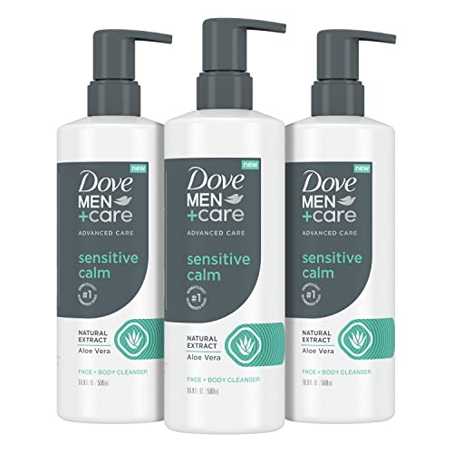 Unilever DOVE MEN + CARE Advanced Care Face + Body Cleanser Sensitive Calm 3 Count for Sensitive Skin Body Wash with Natural Extract Aloe Vera 16.9 oz