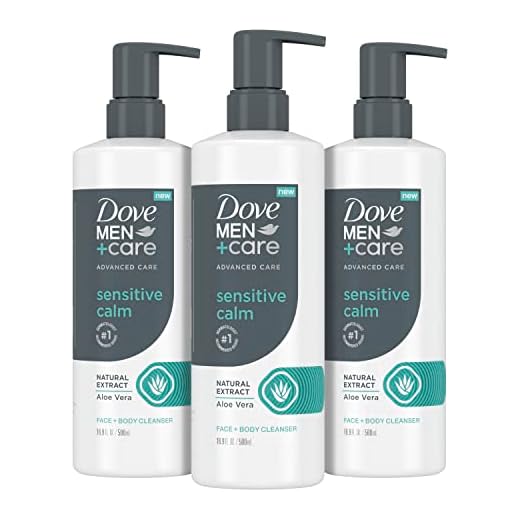 DOVE MEN + CARE Advanced Care Face + Body Cleanser Sensitive Calm 3 Count for Sensitive Skin Body Wash with Natural Extract Aloe Vera 16.9 oz
