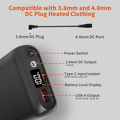 Miniatura 3 de Paquete de batería de chaleco calentado, 16000 mAh 7.4 V Compacto Repaclement para chaqueta calentada, sudadera con capucha calentada, pantalones