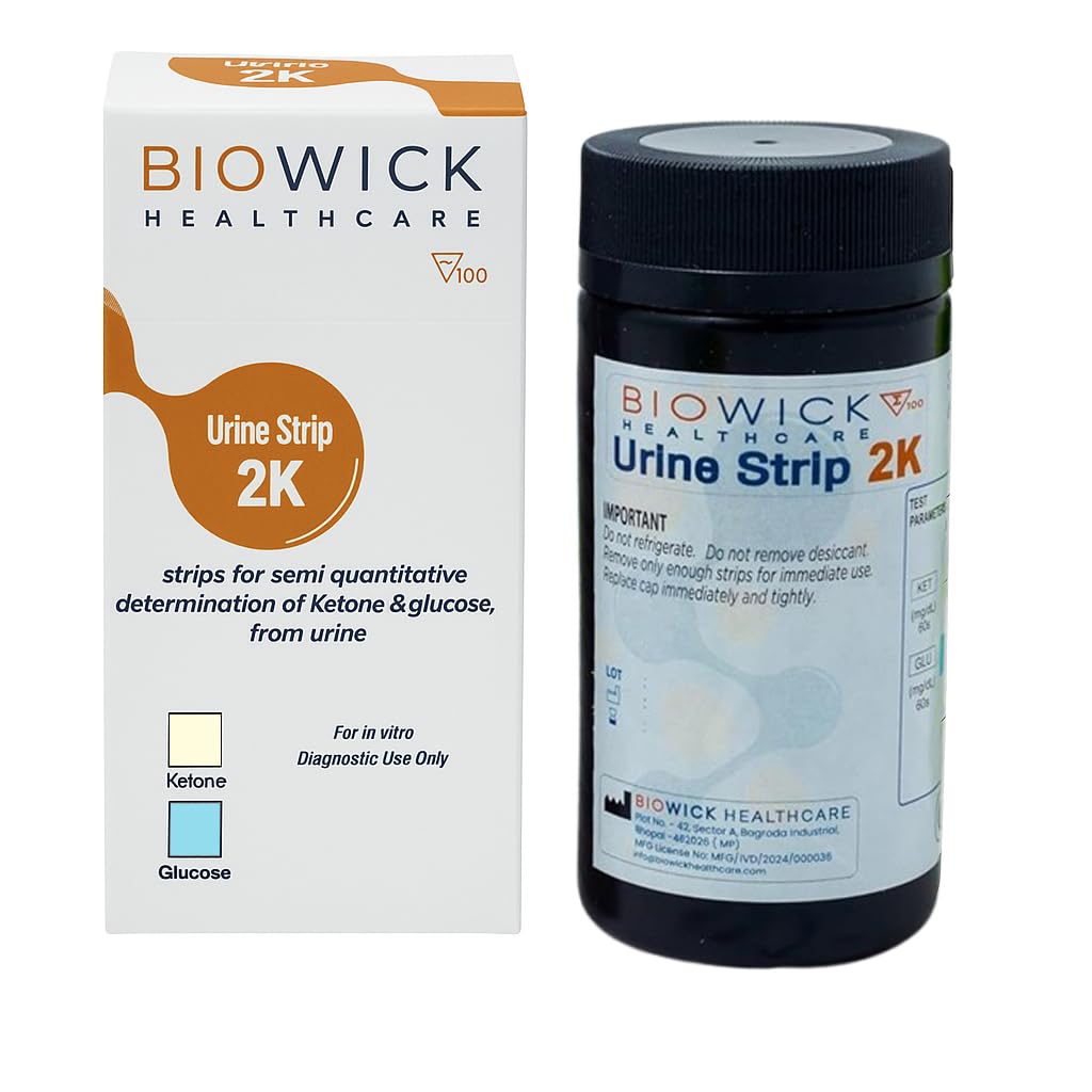 Biowick Urine Test Strips for Ketone & Glucose - 100 Strips I Easy UTS Urine Dip Test | Fast & Reliable Results at Home I Self Monitoring Test Strips for Possible Diabetes, Weight Loss, Electrolyte Imbalance, Etc
