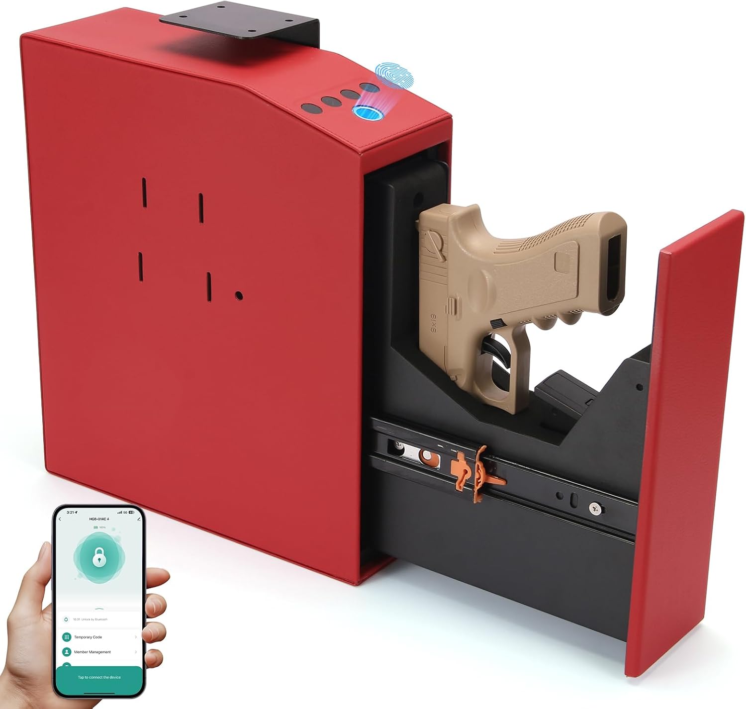 Gun Safe Biometric Slider Handgun Safe for Nightstand, Desk, Bedside,Truck - Auto Sliding Door Gun Safe for Pistols - with Fingerprint,Code,APP and Key 4 Ways 0.1s Quick Access (Red)