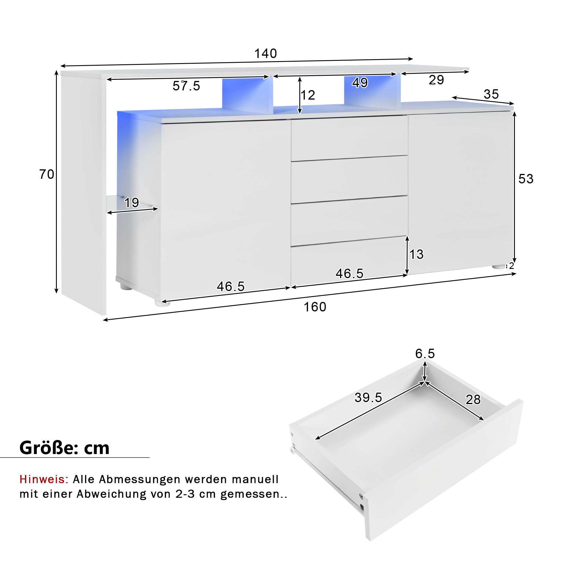 Azkoeesy Credenza, Cassettiera Bianca Lucida con LED 160x35x70 cm, 4 Cassetti, 2 Ante, Mensole in Vetro, Mobile TV Moderno Elegante, Mobile Multifunzione per Soggiorno e Sala da Pranzo