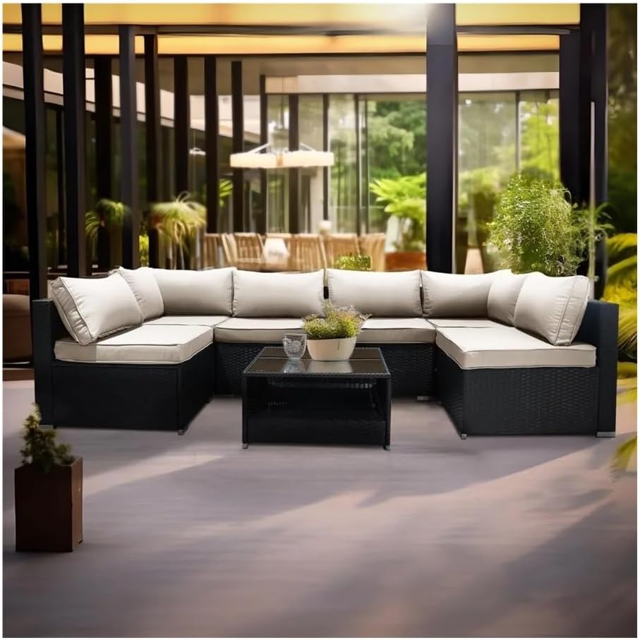 Outdoor Furniture Set, Outdoor Furniture,Patio Conversation Sets,Outdoor Sofa Patio Furniture Sets, With 100% Pure Sponge Cushion And Glass Table, Handwoven PE Rattan, Patio Sofa ( Color : Black blue