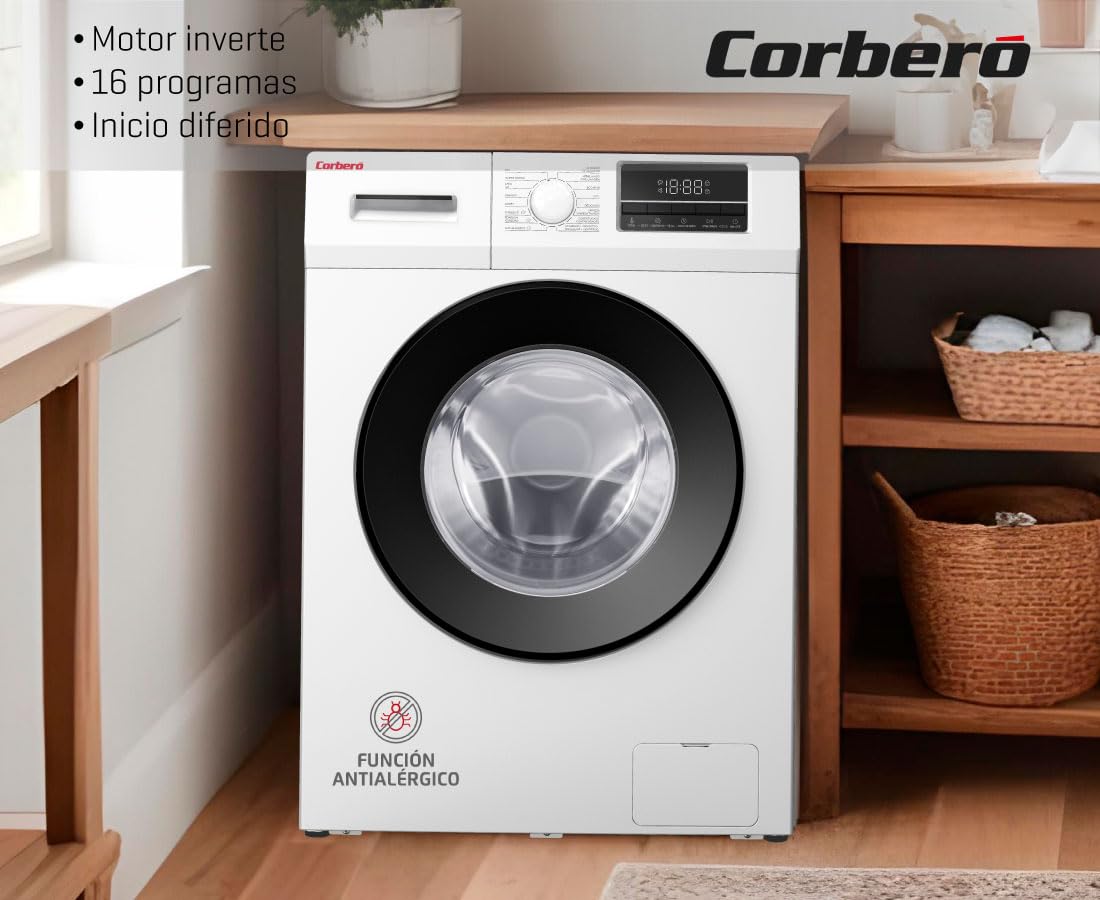 Corberó - Lavadora Carga Frontal Plus 7kg | CLT712VIN | 1200 Rpm | Motor Inverter | 16 Programas | Vapor Antialérgico | Inicio Diferido 3-24h | Lavado Rápido 15-30 Min | Puerta XXL | Blanco