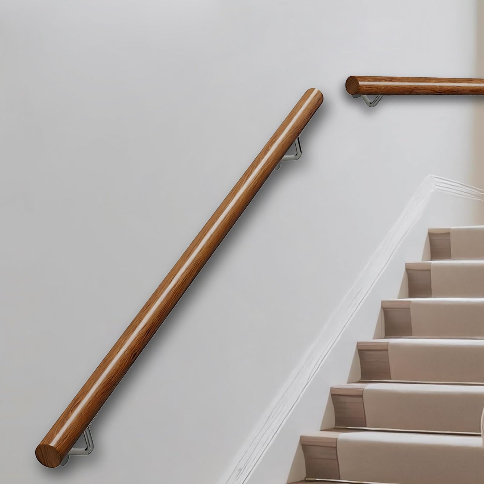 DMCHENGMA Solid Wood Round Stair Handrail, Non-Slip Stair Banister with Brackets, Wall-Mounted Indoor Stair Railing(15ft/450cm)